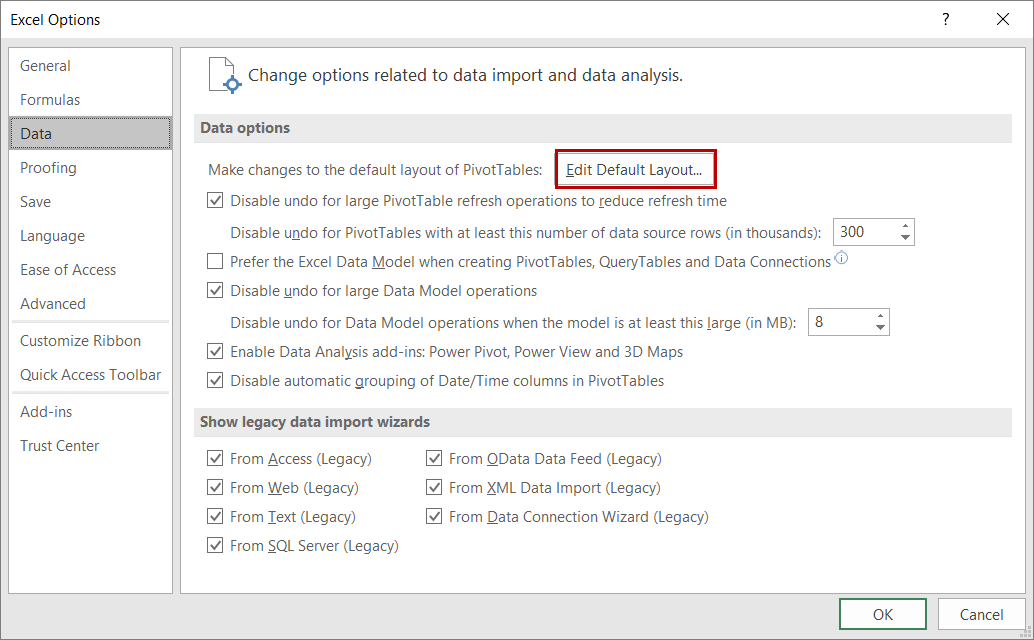 Figure 1 - Choosing to Edit the Default PivotTable Layout in Excel 2016