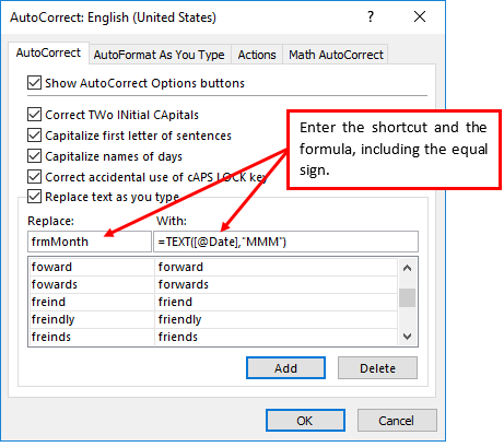 Using AutoCorrect to Insert Formulas Into Excel