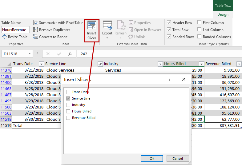 Adding a Slicer Filter to a Table