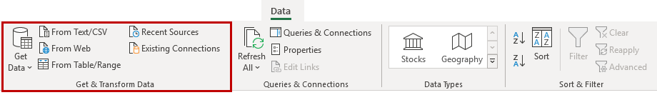 Accessing Power Query from the Data Tab of the Ribbon
