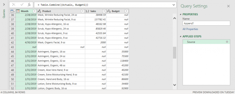 Preview of Appended Query Results