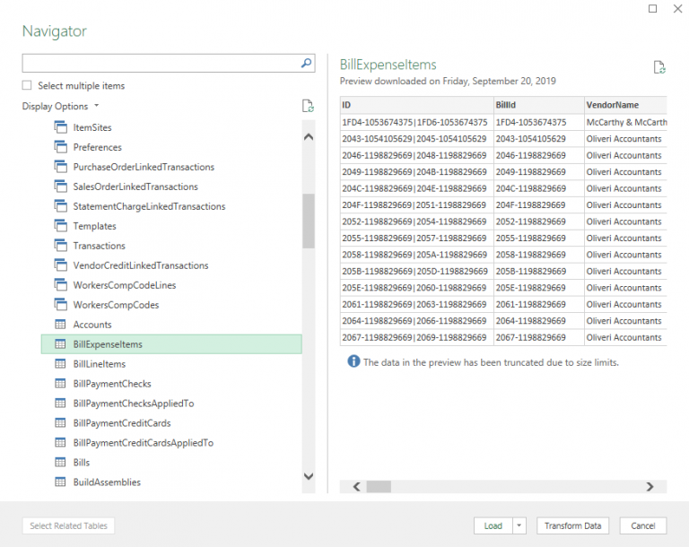 Linking the BillExpenseItems Table from QuickBooks