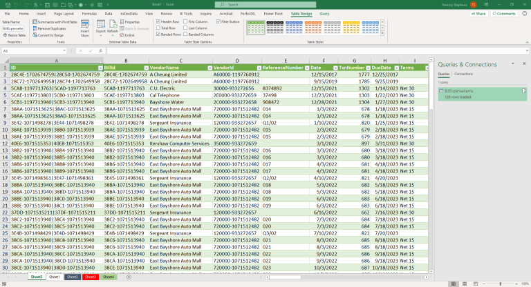 Data Linked from QuickBooks into Excel