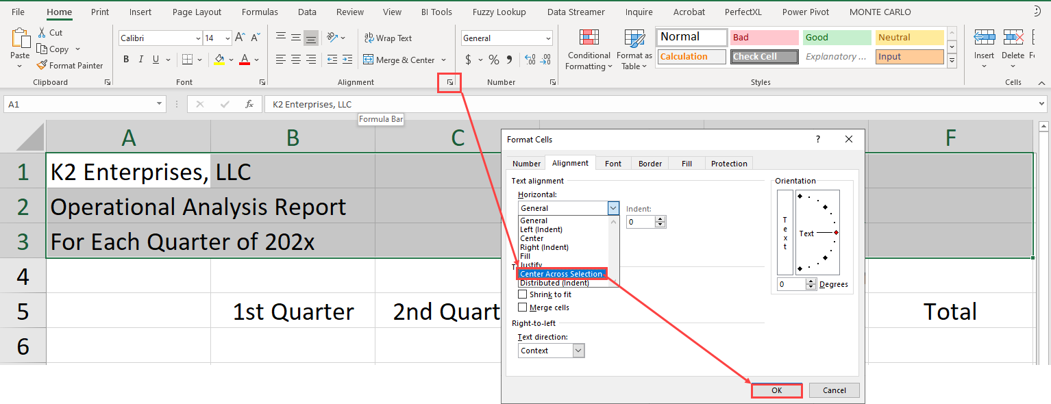 Solve formatting issues in excel with center across selection