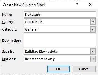 Word's Create Building Block Dialog Box