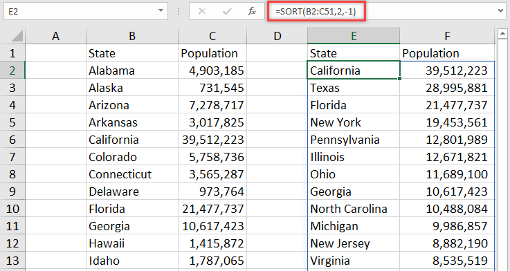 Using Excel's SORT Function