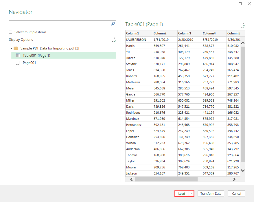 Choosing the Table or Page of PDF Data to Import