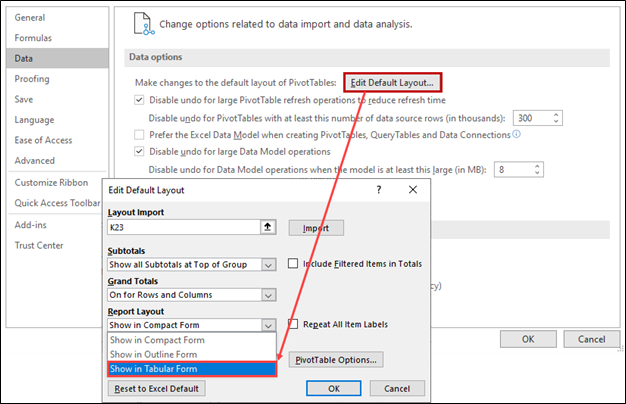 Changing Default Settings for Future PivotTables