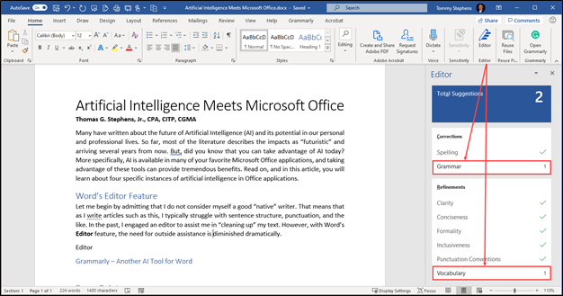 Word's Editor Feature as an AI Tool