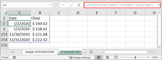 Sample STOCKHISTORY Results