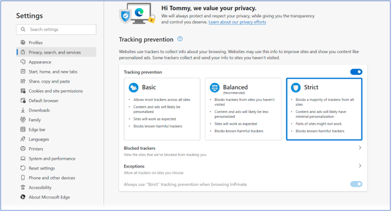 Edge Privacy Settings