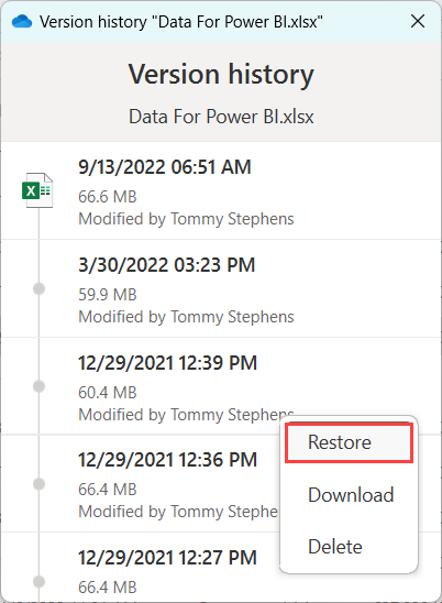 Choosing OneDrive's Restore