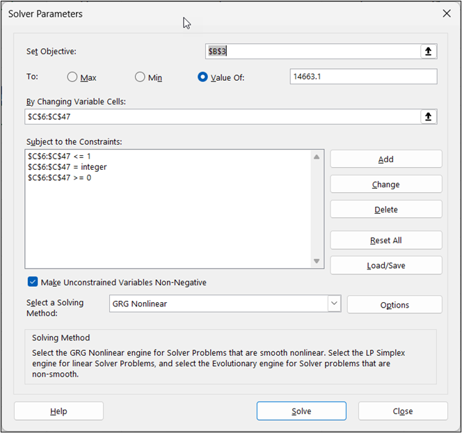 Excel's Solver Parameters Dialog Box