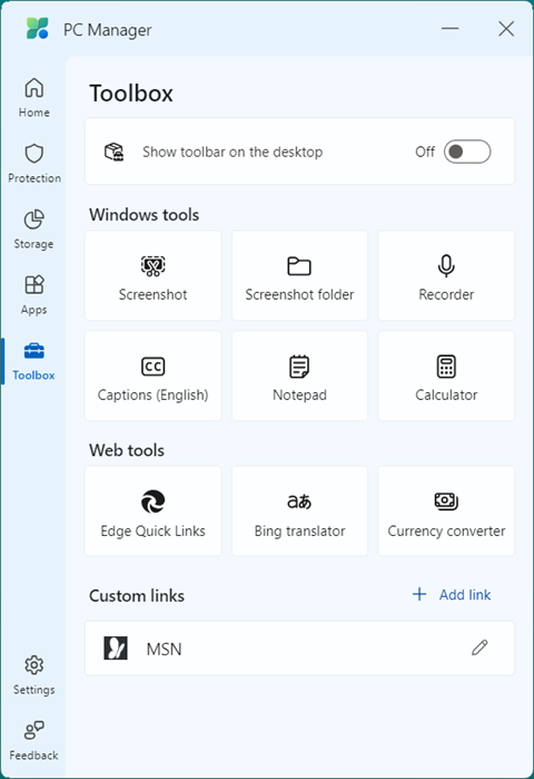 Accessing Windows Tools Using PC Manager