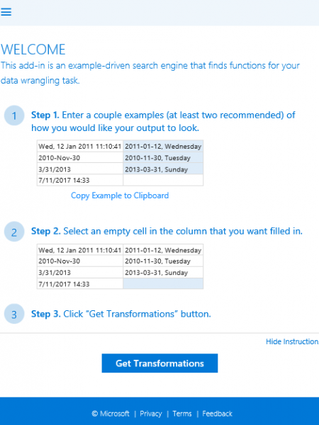 Transform Data by Example Task Pane